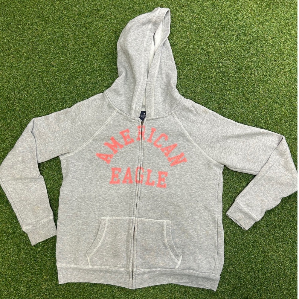 American Eagle Womens Heather Gray Pink Graphic Full Zip Hoodie Sweatshirt